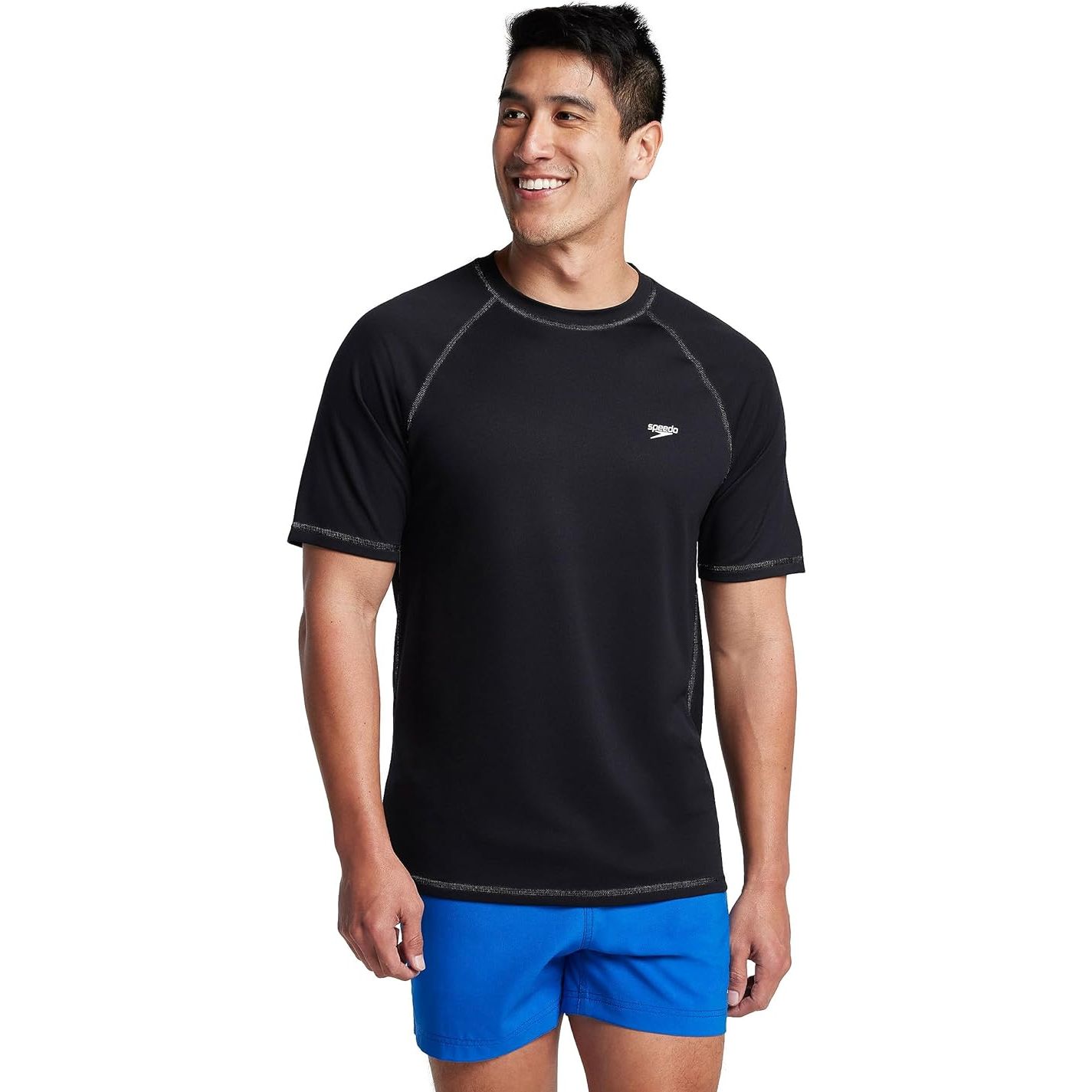 The Speedo Men's UV Swim Shirt is a functional and stylish option for men who want protection from the sun while enjoying water activities. The short-sleeve design and loose fit make it comfortable and easy to move in, making it perfect for activities such as swimming, surfing, or simply lounging by the pool.