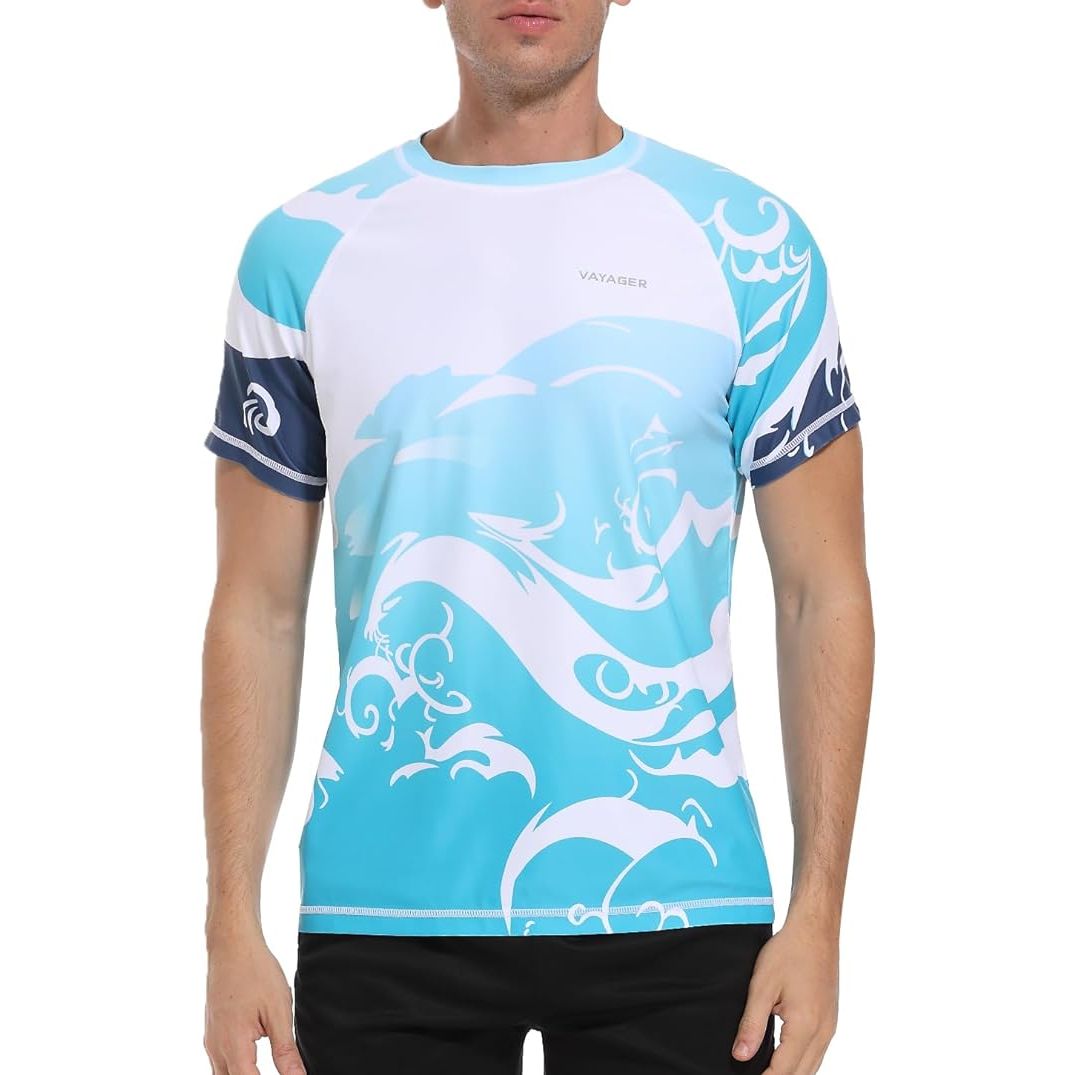 The VAYAGER Men's Swim Shirts Rash Guard UPF 50+ T Shirts are designed to provide excellent sun protection with a UPF rating of 50+. This rating ensures that these shirts effectively block 98% of the sun's harmful UVA and UVB rays, making them a great choice for outdoor water activities.