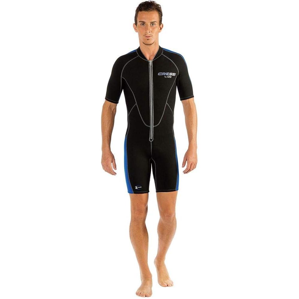 The Cressi Men's Full Front Zip Wetsuit is a versatile option for swimming, snorkeling, and scuba diving. This wetsuit is designed in Italy by Cressi, a well-known brand in the water sports industry. The Lido Short design features a full front zipper for easy entry and exit, making it convenient to put on and take off.