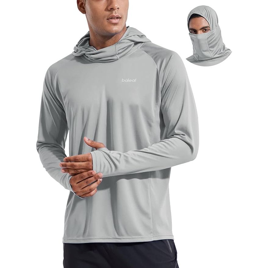 The BALEAF Men's Sun Protection Hoodie Shirt is designed for ultimate sun protection with a UPF 50+ rating, providing high level of efficiency in blocking harmful UV rays. The long sleeve design offers full coverage and protection for outdoor activities under intense sun exposure.