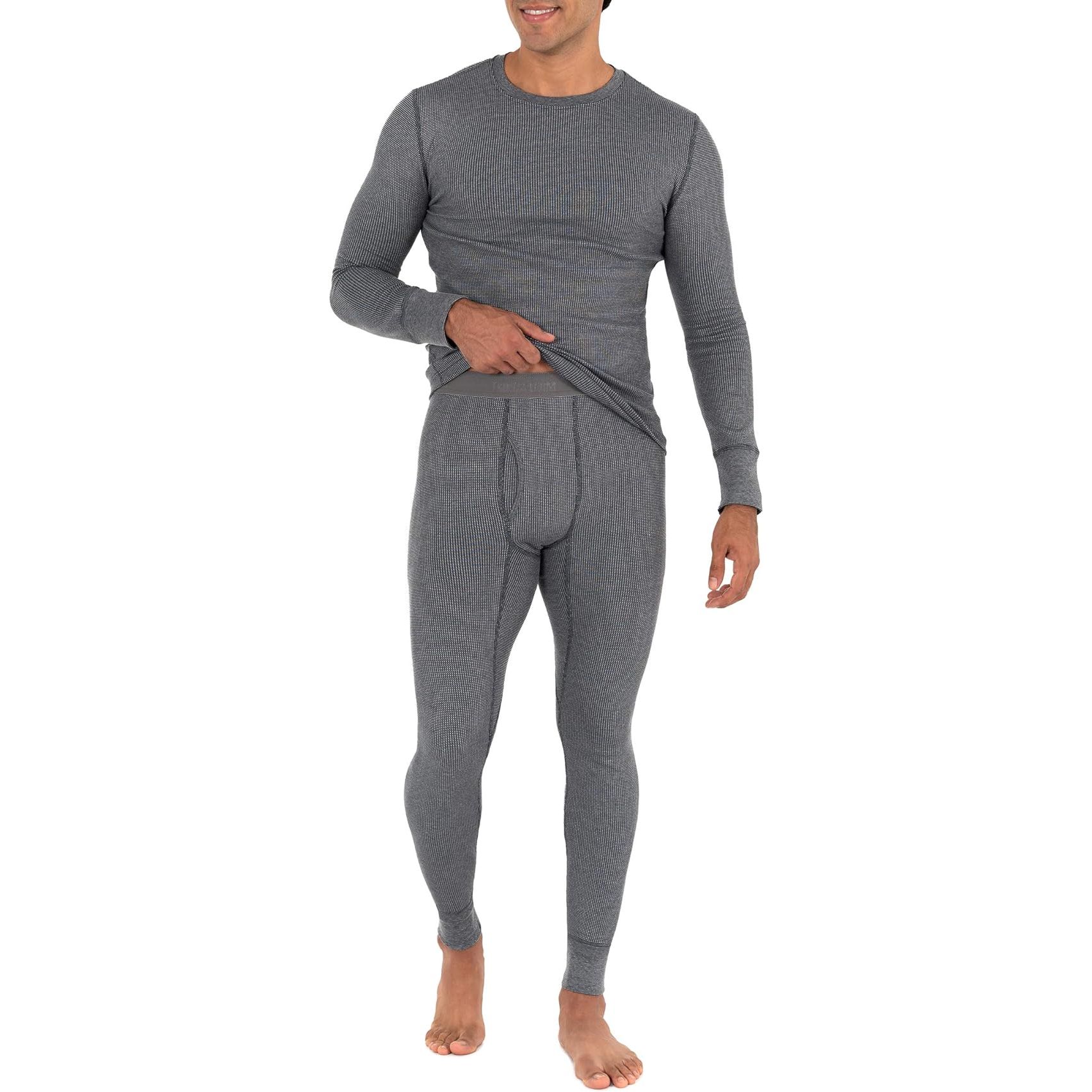 The Fruit of the Loom Men's Recycled Waffle Thermal Underwear set includes a top and bottom that are made from a blend of recycled polyester and spandex, providing both warmth and stretch for a comfortable fit. The waffle knit fabric helps to trap body heat, making this set ideal for layering in cold weather or as standalone pajamas.