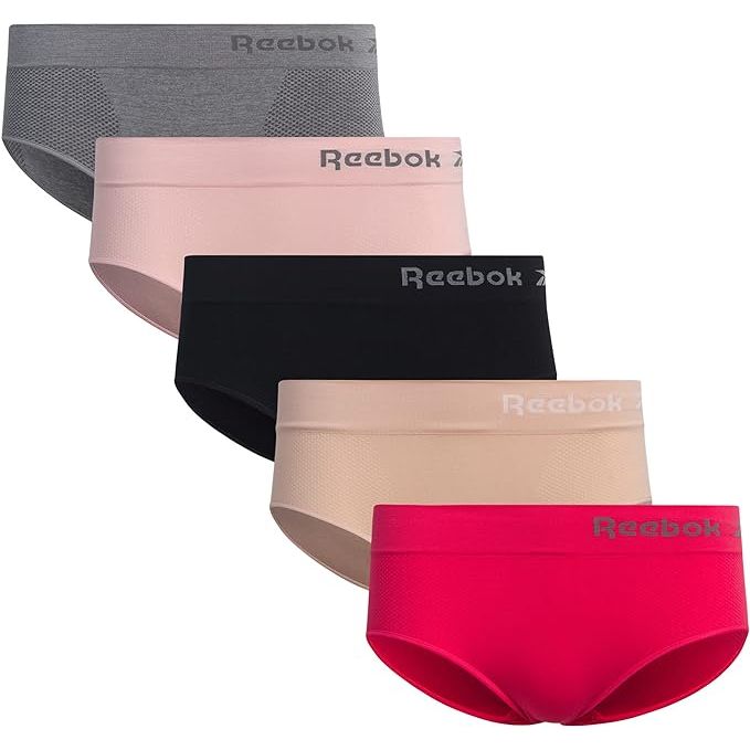 The Reebok Women's Underwear Seamless Hipster Briefs come in a pack of 5 and are designed for comfort and performance. These briefs are made of a seamless, stretchy fabric that prevents chafing and irritation, making them perfect for active lifestyles and daily wear.