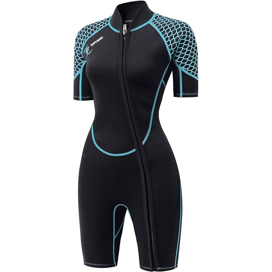 The 3mm Shorty Wetsuit Women is a neoprene diving suit designed specifically for women participating in water activities such as diving, snorkeling, surfing, and swimming. This wetsuit features a front zip design for easy and quick on/off, making it a convenient option for those looking for maximum mobility in the water.