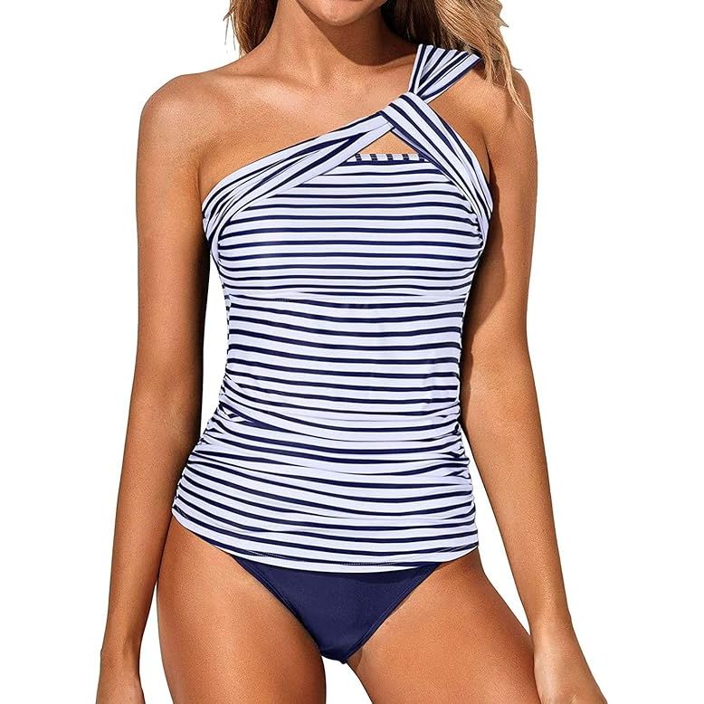 The Tempt Me Two Piece Tankini Bathing Suits for Women is a stylish and comfortable swimwear option that includes a one shoulder swim top and a bottom swimsuit. The one shoulder design adds a fashionable touch to the traditional tankini style, while the high-quality fabric provides both support and coverage.