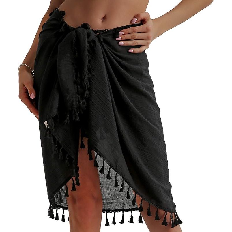 Eicolorte Beach Sarong Pareo Womens Semi-Sheer Swimwear Cover Ups Short Skirt with Tassels image