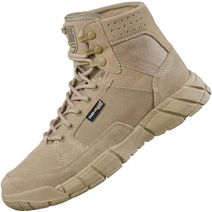 The FREE SOLDIER Waterproof Hiking Work Boots are designed for men and feature a 6-inch height that provides ankle support and protection. These boots are lightweight and breathable, making them comfortable for all-day wear during hiking, work, or military activities. The boots are also waterproof, keeping your feet dry in wet conditions.