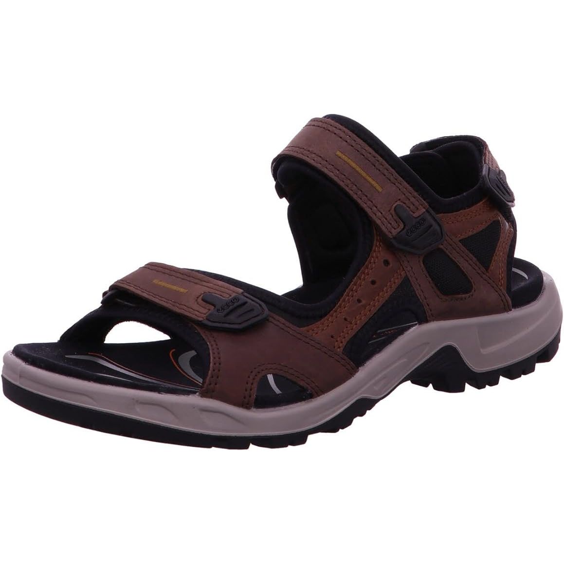 The Ecco Men's Yucatan Sport Sandal is a rugged and durable outdoor sandal designed for active men. It features a nubuck leather upper with three adjustable straps for a customizable fit. The sandal also has a stretch-fit lining that provides a snug and comfortable feel.