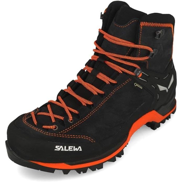 The Salewa Mountain Trainer Mid GTX hiking boot is designed for men who enjoy hiking in challenging terrain. This boot features a durable suede and fabric upper with a Gore-Tex membrane for waterproof protection and breathability.