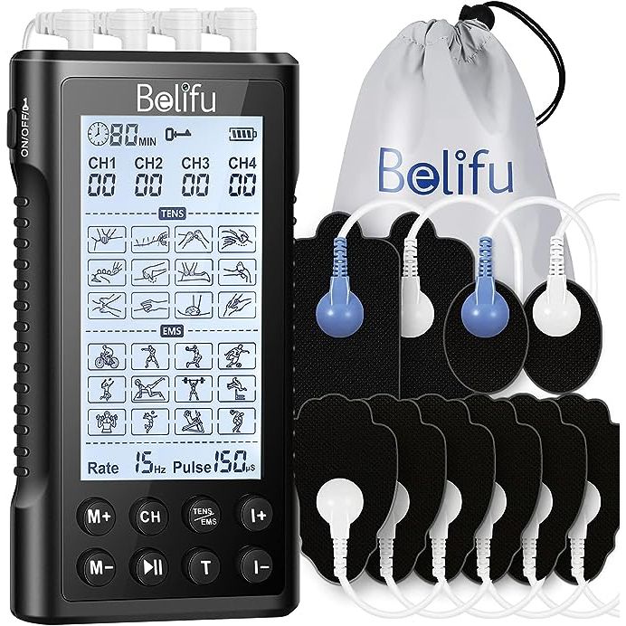 The Belifu 4 Independent Channel TENS EMS Unit is a versatile muscle stimulator machine designed for pain relief therapy. It offers 24 modes and 30 levels of intensity to customize your treatment based on your needs. This device features 10 pads and 5 set leads wires, allowing you to target multiple areas of your body simultaneously.