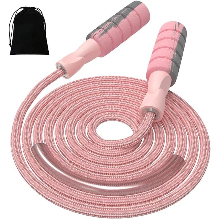 The FITMYFAVO Jump Rope is a cotton adjustable skipping rope designed for women, adults, and children to enhance their athletic fitness and exercise routine. The weight of the jump rope allows for a more effective workout, aiding in building strength and improving endurance.