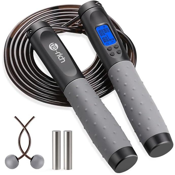 The Te-Rich Jump Rope is a weighted fitness tool designed for effective cardiovascular workouts and muscle toning. It features heavy handles for added resistance, which helps increase the intensity of your workout.