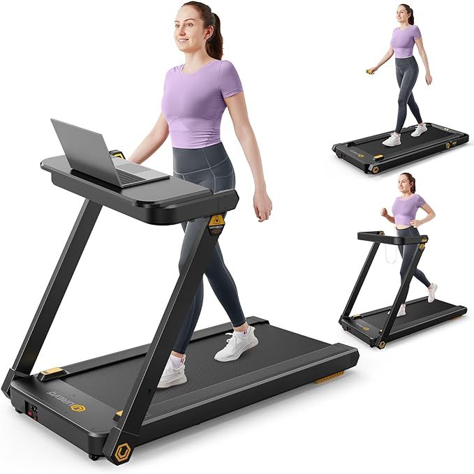 The UREVO Treadmill with Desk is a 3-in-1 foldable treadmill that comes with a removable desk, making it perfect for use in an office or at home. The treadmill is designed to be installed under a desk, allowing users to walk or jog while working or studying.