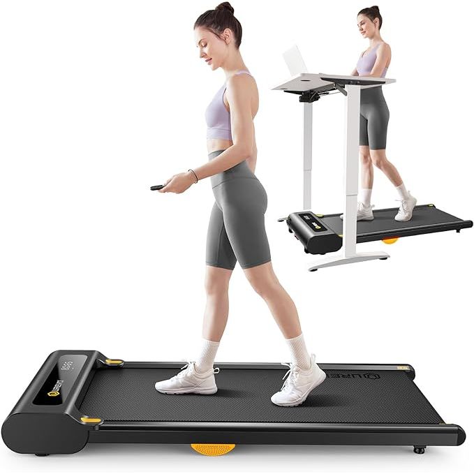The UREVO Under Desk Treadmill is a compact and portable walking pad designed for use at home or in the office. With a 2.25HP motor, it provides a quiet and smooth walking experience. The treadmill has a weight capacity of 265 lbs, making it suitable for a wide range of users.