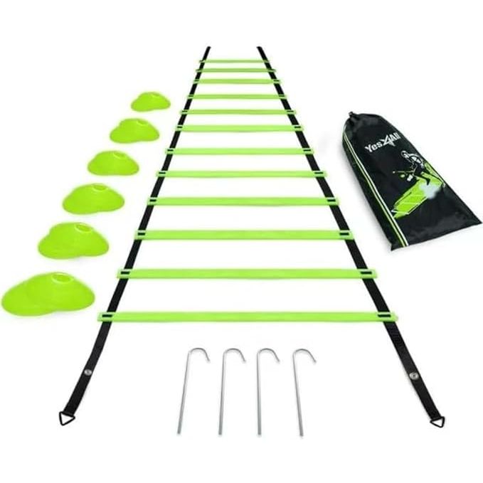 The Yes4All Ultimate Combo Agility Ladder Training Set is a comprehensive training tool designed to improve speed, agility, and quickness. The set includes a 12-rung agility ladder, 12 agility cones, and 4 steel stakes, all packed neatly in a convenient carry bag for easy transport and storage.
