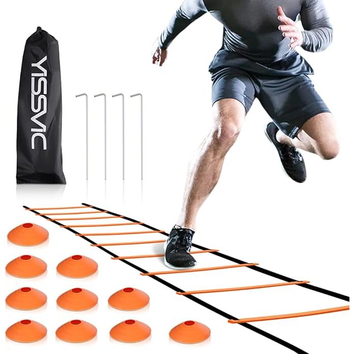 The YISSVIC Agility Ladder and Cones set is designed to improve speed, agility, and coordination for various sports and fitness activities. The set includes a 20-foot long ladder with 12 adjustable rungs, 10 bright orange cones, 4 sturdy stakes for securing the ladder to the ground, and a convenient carrying bag for easy transportation and storage.