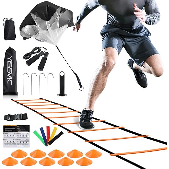 The YISSVIC Agility Ladder set includes 20 feet of ladder with 12 adjustable rungs, making it ideal for speed and agility training. This set also comes with football cones, a running parachute, a jump rope, and resistance bands to further enhance your training routine.