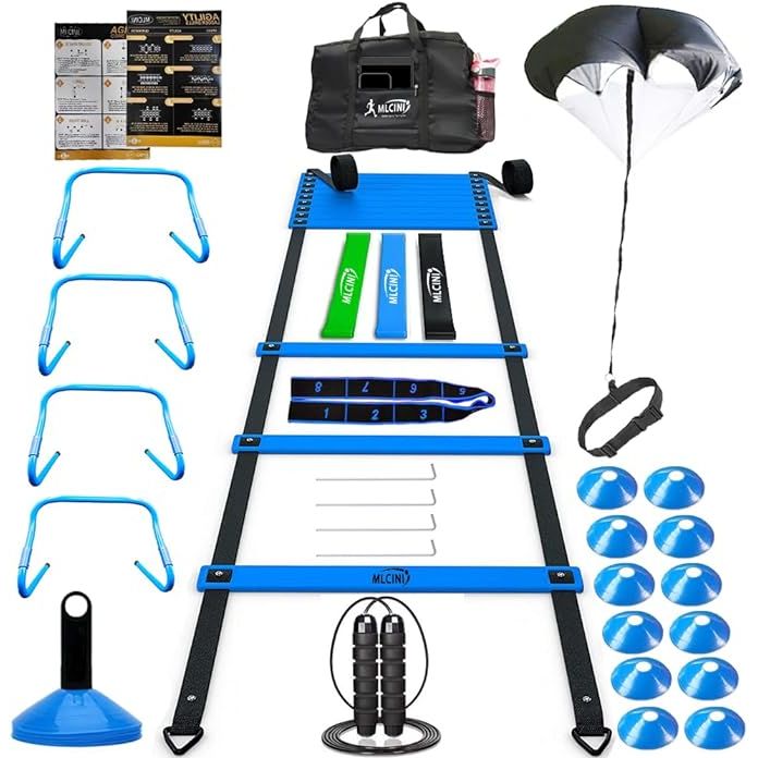 Get ready to take your speed and agility training to the next level with MLCINI's agility ladder speed training equipment. This comprehensive set includes everything you need to enhance your speed, agility, coordination, and explosiveness: a speed chute, agility ladder, disc cones, jump rope, resistance bands, and more.