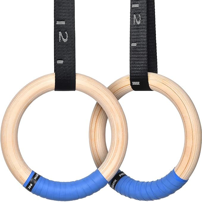 The PACEARTH Gymnastics Rings are high-quality wooden rings designed for achieving a full-body workout at home or in the gym. These Olympic rings have a weight capacity of 1500/1000lbs, providing stability and support for various exercises. The 14.