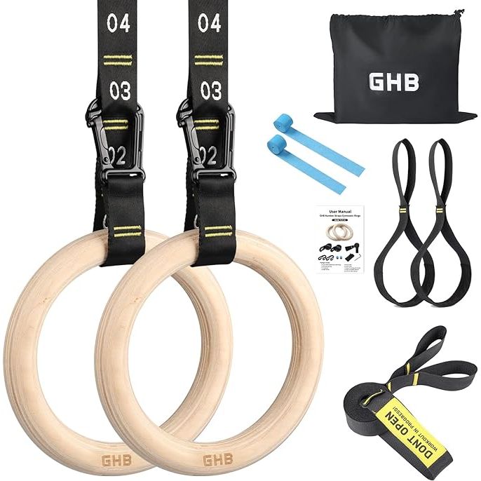 Experience unparalleled strength and stability with the Ultra-high Load-bearing Performance 1.25" Olympic Rings from GHB. Made of premium birch wood with a wider 1.25" diameter for a more comfortable and secure grip compared to the standard 1.1" rings, these gymnastic rings are built to last.