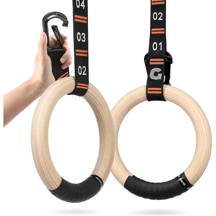 The Gonex Wooden Gymnastic Rings are a versatile and durable workout tool perfect for gym, home, or outdoor training. These Olympic rings are made from high-quality birch wood that is smooth and comfortable to grip, yet sturdy enough to support your weight during exercises like pull-ups, dips, and ring rows.