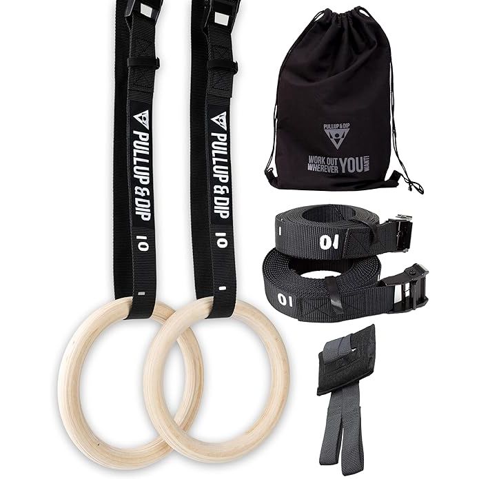 The PULLUP & DIP Premium Gymnastic Rings are high-quality wooden gym rings designed for calisthenics training. They come with wide straps that have length markings for easy and precise adjustments. The rings also come with a door anchor and a carry bag for convenient storage and portability.
