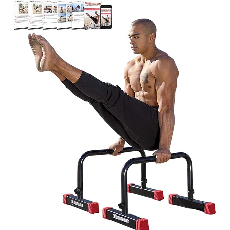 RubberBanditz Parallettes Push Up & Dip Bars are heavy-duty and non-slip parallette stands designed for a variety of workout routines including CrossFit, gymnastics, and bodyweight training. These push up and dip bars are made from durable steel construction, ensuring stability and durability during intense workouts.