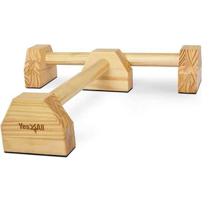 The Yes4All Steel/Solid Wood Push Up Stand Parallel Bars Parallettes are designed to provide a stable and elevated platform for performing calisthenics exercises and upper body strength workouts. These parallel bars are made of durable steel with solid wood handles, making them sturdy and comfortable to use.