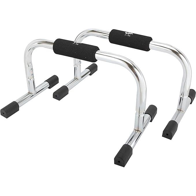 The JFIT Pro Push Up Bar Stand is a set of two bars made in Taiwan that are designed to enhance your push up workout. They come in two length options of 9 inches or 11 inches to accommodate different user preferences. The bars have been updated with thicker grips and non-skid feet for improved stability and comfort during exercise.