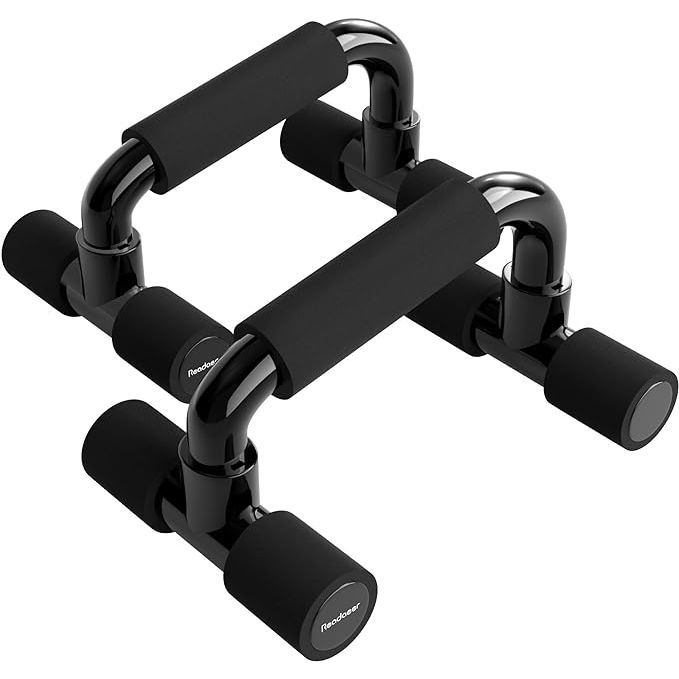 The Readaeer Push Up Bars are a pair of gym exercise equipment designed to enhance your push up workout routine. They feature cushioned foam grips that provide added comfort and reduce strain on your hands and wrists during exercise.