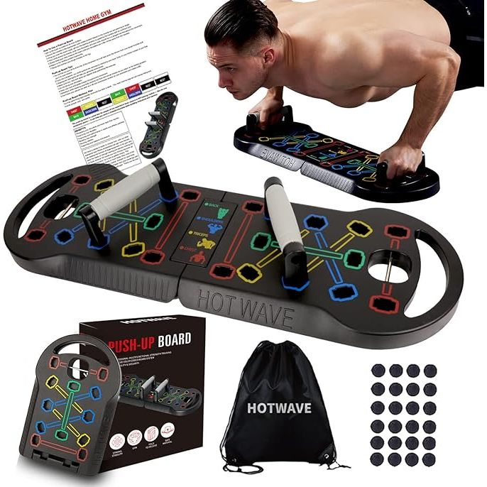 The HOTWAVE Push Up Board Fitness is a portable and foldable 20 in 1 push up bar designed for use in the comfort of your own home. This innovative piece of strength training equipment offers a range of grip positions to target different muscle groups and provide a challenging workout for both men and women.