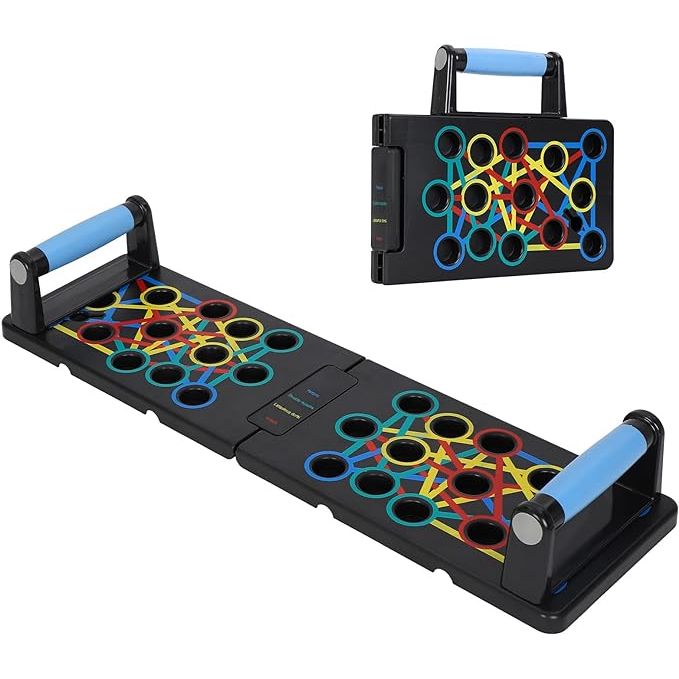 The Push Up Board 9 in 1 is a multi-functional home workout equipment designed to help individuals target various muscle groups during push up exercises. The system features color-coded, interchangeable push up bars that can be placed in different positions to work different areas of the chest, arms, shoulders, and back.