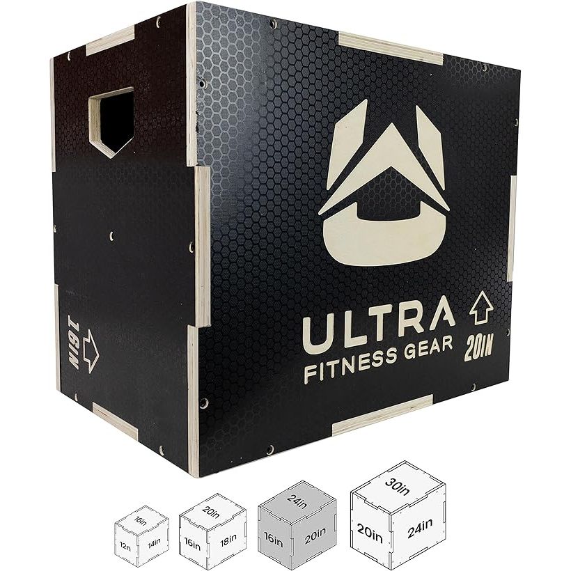 The Ultra Fitness Gear Plyo Box is a versatile piece of equipment designed for plyometric training, including exercises such as squat jumps, step ups, and box jumps. Made from sturdy wood with an anti-slip surface, this 3-in-1 plyometric jump box is durable and safe for a variety of workouts.