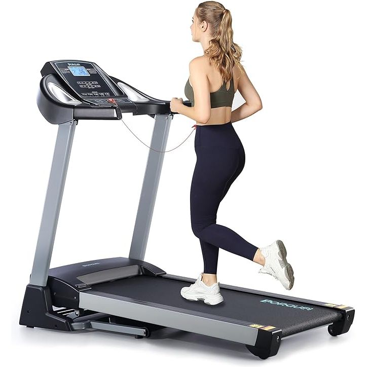 The BORGUSI treadmill features a wide 20" x 50" tread deck, providing a spacious area for users to comfortably jog or run. Its heavy-duty tubular steel construction ensures stability, even with heavy footfall, making it a durable and reliable option for your workouts. With a 15% auto incline control and a powerful 3.