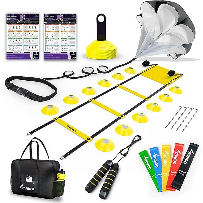 The STUHOO Agility Training Equipment Set is designed to help improve speed, agility, and footwork skills for soccer and football players, specifically geared towards kids and youth. The set includes an agility ladder, cones for footwork drills, and a parachute for resistance training.