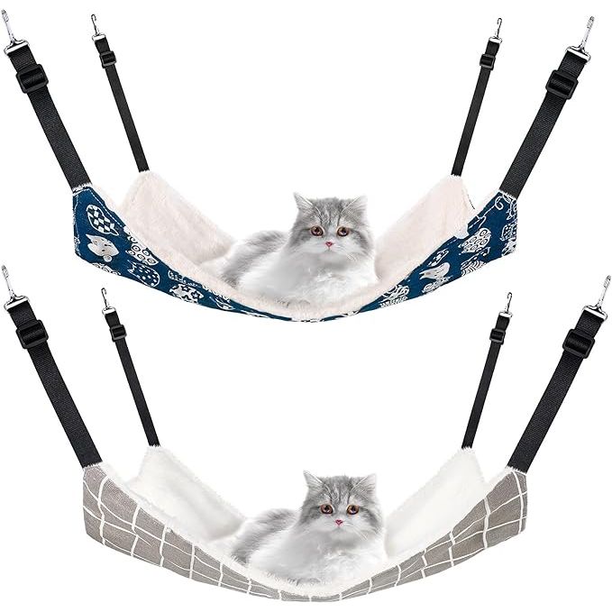 The 2 Pieces Reversible Cat Hanging Hammock is a versatile and comfortable hanging bed designed for cats, small dogs, and rabbits. It features a soft and breathable fabric that provides a cozy resting spot for your pet. The hammock is reversible, allowing your pet to enjoy two different styles or colors.