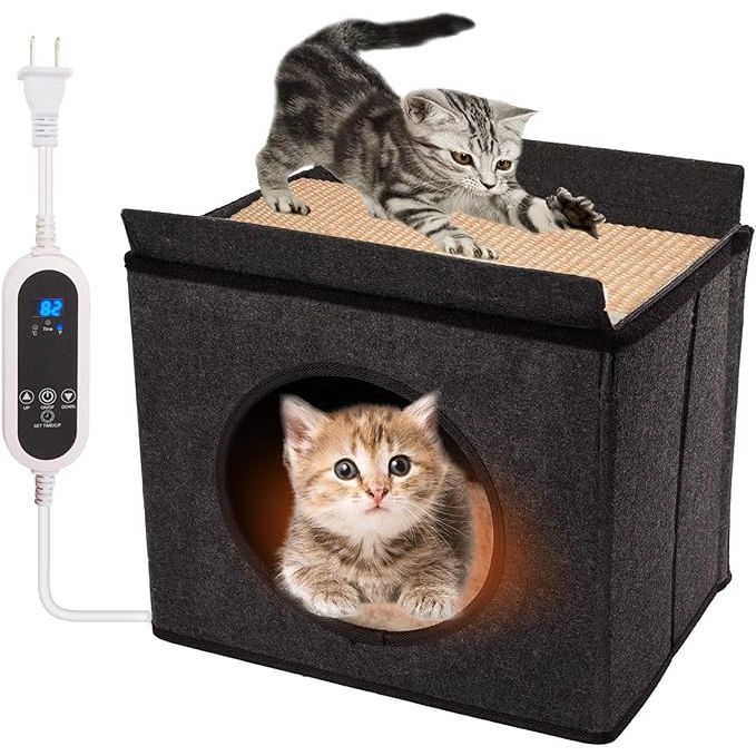 Introducing the multi-use heated cat house from SOVPAIT, featuring a strong wool felt shell and a soft, machine washable cushion for ultimate comfort. This cat bed is designed for cats up to 35lbs, allowing them to curl up and play freely.