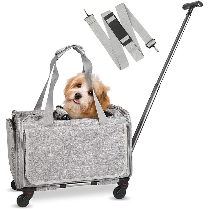 The Cat Carrier with Wheels Airline Approved is a convenient and versatile option for transporting your pets, designed specifically for dogs and cats up to 25 pounds. This carrier is made with upgraded materials and features sponge filling for added comfort and durability.