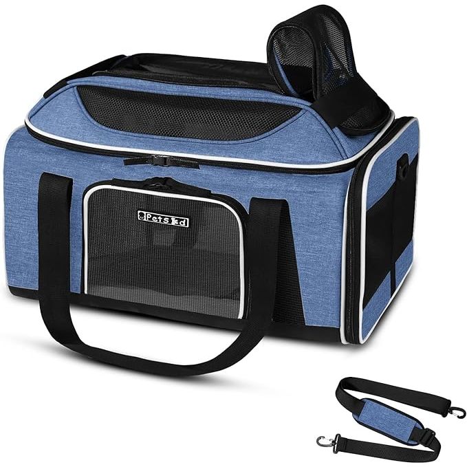 The Petskd Top-Expandable Pet Carrier is designed to be airline approved by JetBlue, Allegiant, and Spirit Airlines with dimensions of 17x12x8.5 inches. This soft-sided carrier is suitable for small cats and dogs, providing a comfortable and secure travel experience for your pet.