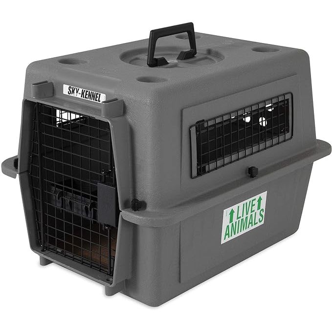 The Petmate Sky Kennel is a 21-inch dog crate that is IATA compliant, meaning it meets the standards set by the International Air Transport Association for safe pet travel. This particular size is recommended for pets up to 15 pounds, providing ample space for small dogs and cats during travel.