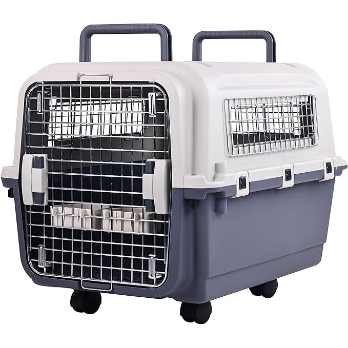 Travel in style and comfort with our Sturdy Plastic Dog Crate. This durable crate features an easy-open latch for secure closure and fold-down handles for easy carrying. Your pet will stay safe and secure inside the crate thanks to the sturdy wire door. Plus, the crate meets most airline cargo specifications, making it a great choice for travel.