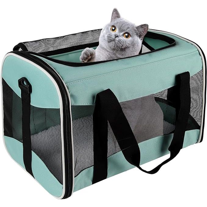 The Cat Carrying Case Pet Dog Carrier is a soft-sided, collapsible pet travel carrier that is designed to be airline approved. It is suitable for medium cats, small cats, and dogs weighing up to 15 lbs. The dimensions of the carrier are 17x11x11 inches, making it spacious enough for your pet to move around comfortably during travel.