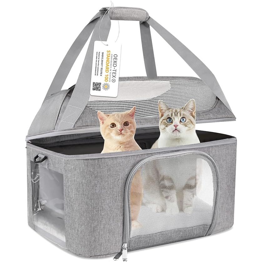 Introducing our spacious and comfortable pet carrier, perfect for your furry friends on the go. Measuring 17” in length, 11.8” in width, and 13” in height, this carrier is designed with a higher height and wider width to provide ample space for one large cat, two small kittens, or one to two small doggies, with a maximum weight capacity of 20 lbs.