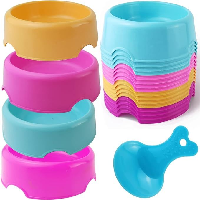 The NSBELL 16 PCS Pet Plastic Bowls with 1PC Pet Food Spoons is a set of colorful and practical pet bowls designed for cats, dogs, puppies, rabbits, and other small animals. This set includes 16 plastic bowls in random colors, making it easy to differentiate between food and water dishes for your pets.