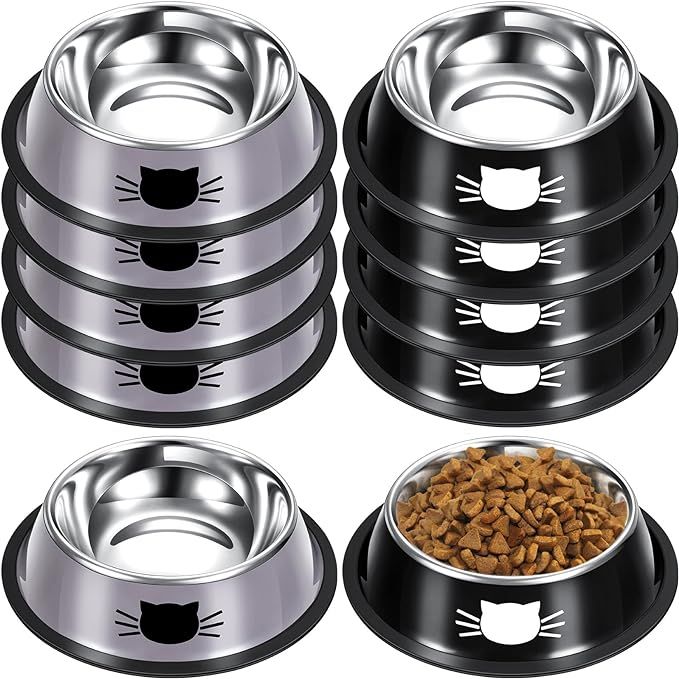 Ensure your beloved pets are well-fed with this set of 10 stainless steel cat food bowls in black and gray. Perfect for multiple cats or small animals like kittens or puppies, these bowls can be stacked for easy storage or travel. The wide and shallow design allows for easy access to food while keeping your furry friends' faces clean.