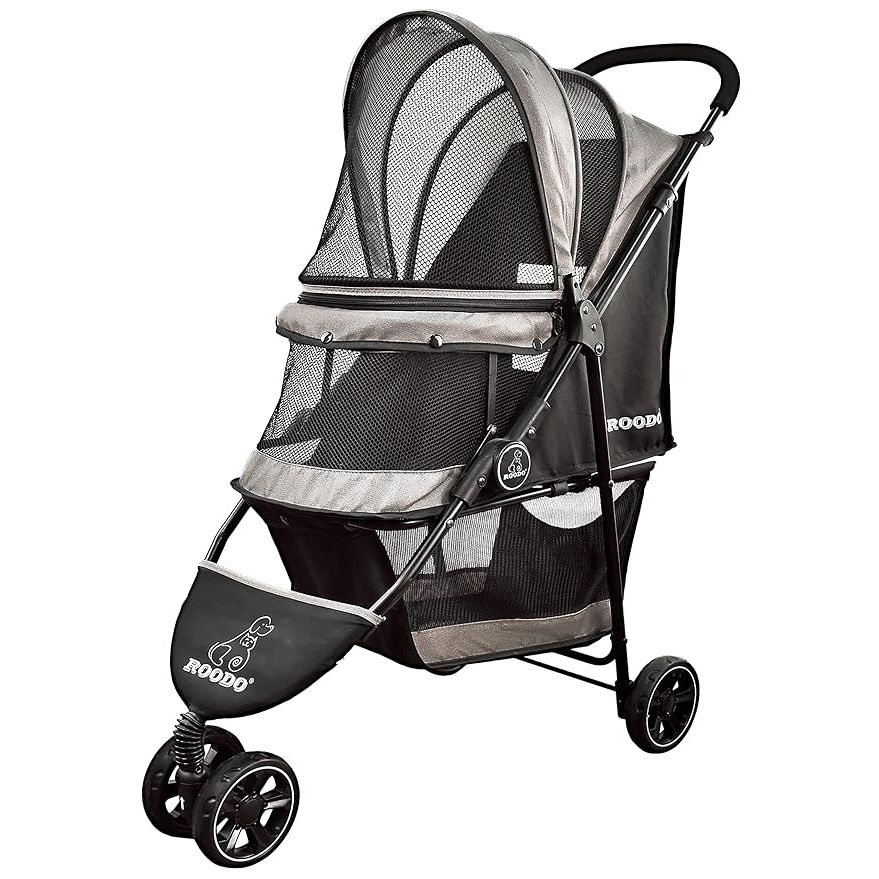 The ROODO Escort 3Wheel Dog Stroller Cat Stroller is a pet stroller designed for small dogs and cats. It features a removable liner, storage basket, and cup holder, making it convenient for pet owners to bring their furry friends on walks or outings. The stroller is lightweight and foldable, making it easy to transport and store when not in use.