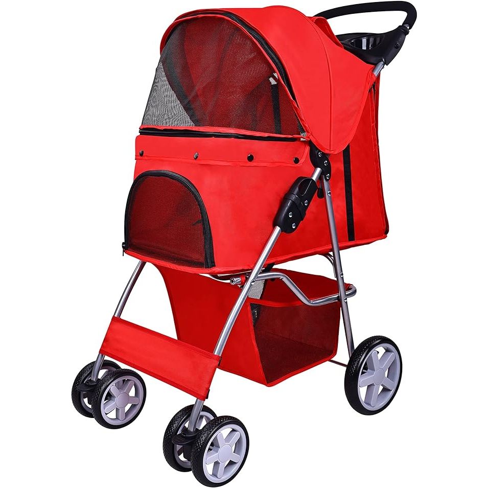 Introducing the ultimate pet stroller that is designed with both functionality and comfort in mind. With a large storage basket, this stroller allows you to easily store all your pet's essentials such as food, toys, and personal belongings, making outings with your furry friend a breeze.