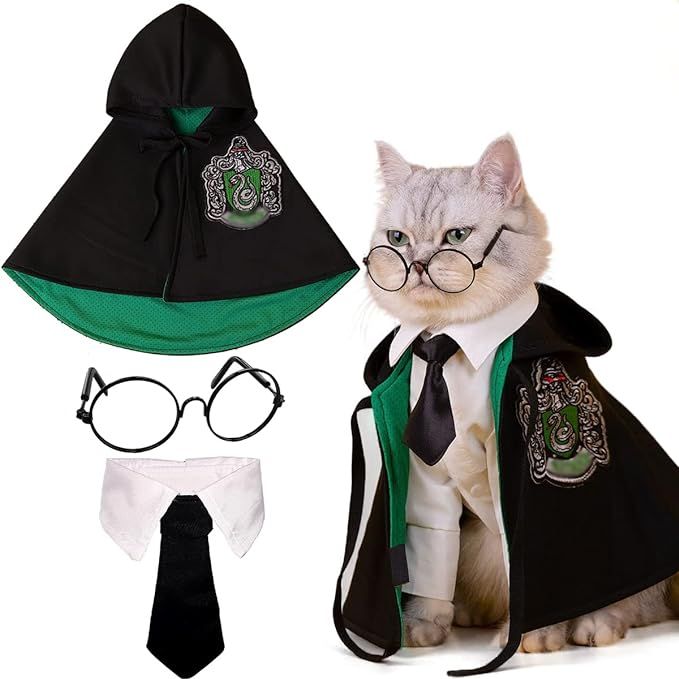 This Cat Costumes 3 Piece Set includes a pair of glasses and two neckties in green and black colors. The set is designed for cats and dogs, making it a versatile option for pet owners with both furry friends. The costume is perfect for parties, Halloween, or any other special occasions where you want to dress up your pet in a fun and adorable way.