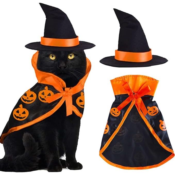 Cat Costume Pet Wizard Clothes Witch Cosplay Cloak is a fun and festive costume designed for cats and small dogs. This adorable outfit includes a black cloak with a pointy wizard hat, perfect for Halloween or any costume party. The costume is easy to put on and take off, with adjustable Velcro straps for a comfortable fit.