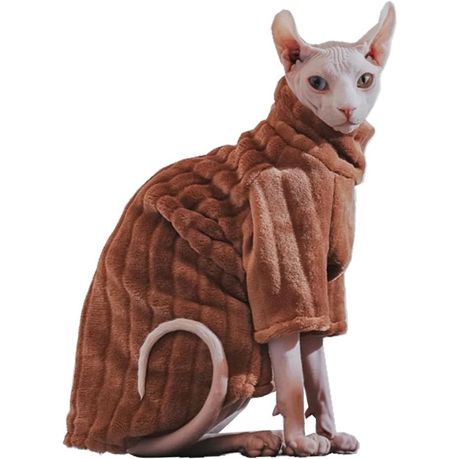 The Turtleneck Sweater for Sphynx Cats is a soft coral fleece sweater designed specifically for hairless cats like the Sphynx breed. It is a thick winter warm outfit with sleeves, making it perfect for colder weather and keeping your cat cozy and comfortable. The sweater is available in size L for cats weighing between 7-8.