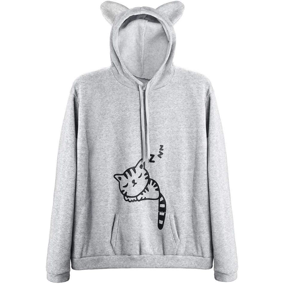 The RGOSME Women Teen Girls Cat Hoodie Sweatshirt is a stylish and cute pullover sweatshirt designed with cat ears on the hood and a sleeping cat printed on the front. Made for women and teen girls, this sweatshirt is perfect for those who love cats and want to add a fun and playful touch to their outfit.